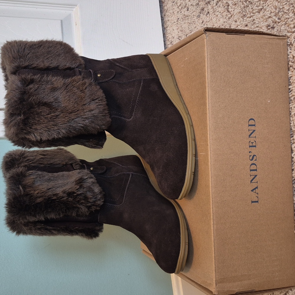 Lands End Mendota Suede Faux Fur Trim Mini Wedge Boots In Brown Size 6 1/2